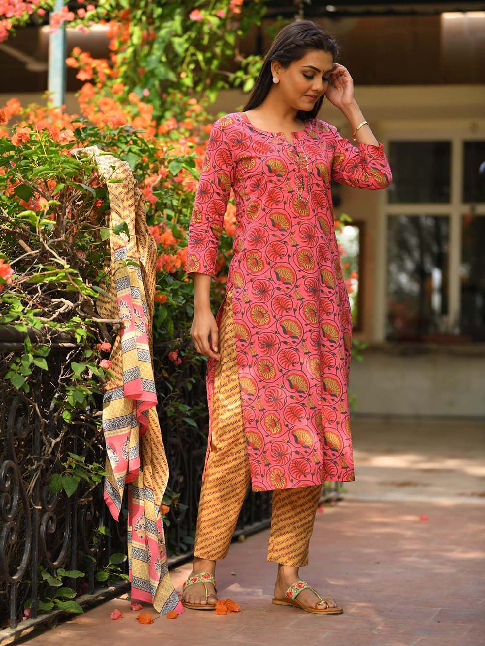 Pink Floral Printed Cotton Suit Set