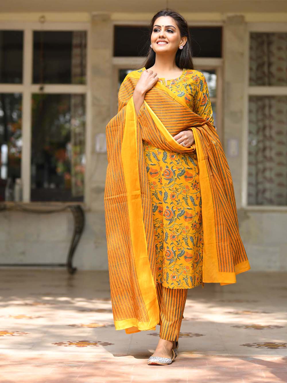 Yellow Floral Printed Cotton Suit Set