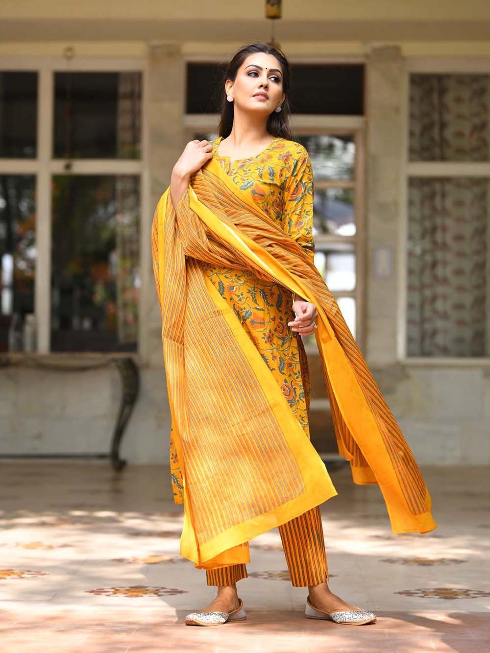 Yellow Floral Printed Cotton Suit Set