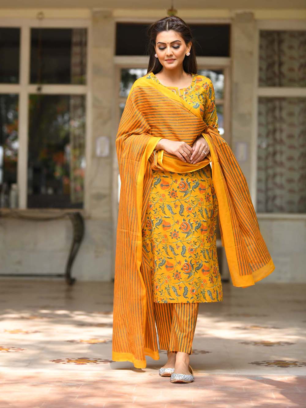 Yellow Floral Printed Cotton Suit Set