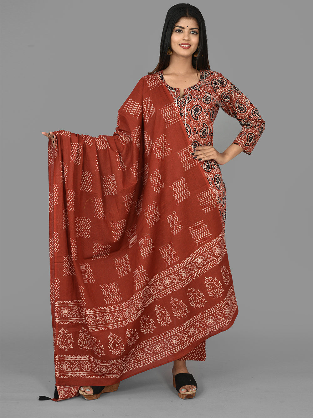 Red Paisley Printed Cotton Suit Set