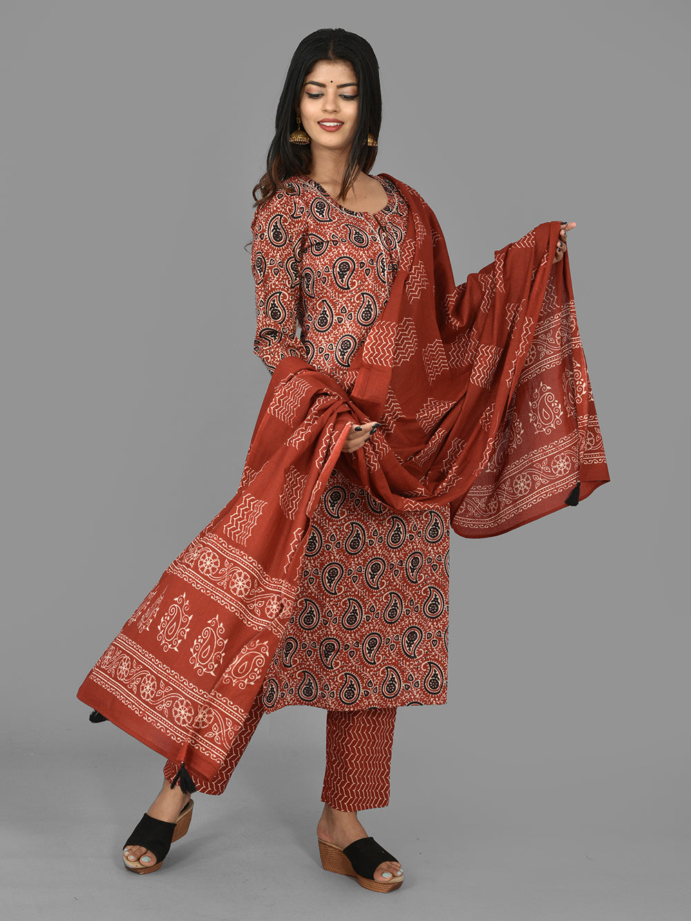 Red Paisley Printed Cotton Suit Set