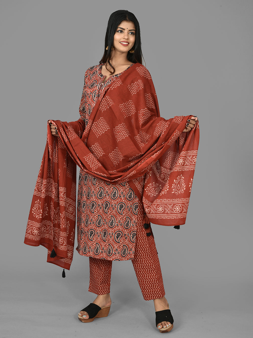 Red Paisley Printed Cotton Suit Set