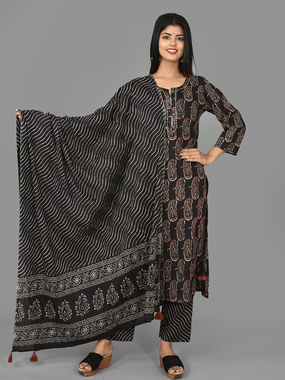 Black Paisley Printed Cotton Suit Set