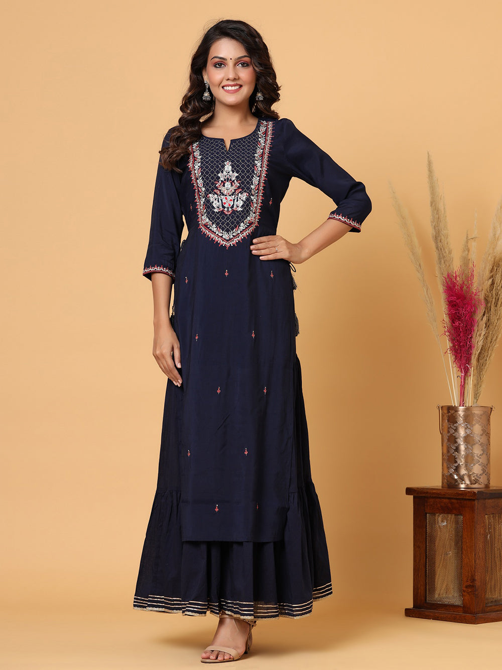 Blue Embroidered Chanderi Ethnic Kurta