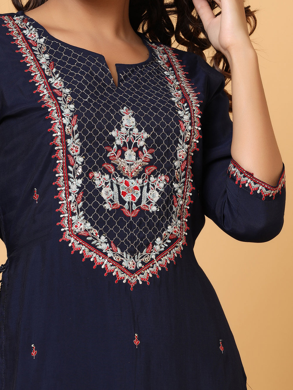 Blue Embroidered Chanderi Ethnic Kurta