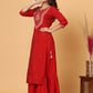 Red Embroidered Chanderi Ethnic Kurta