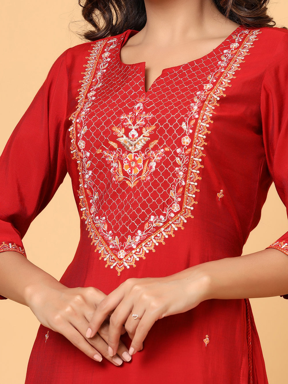 Red Embroidered Chanderi Ethnic Kurta