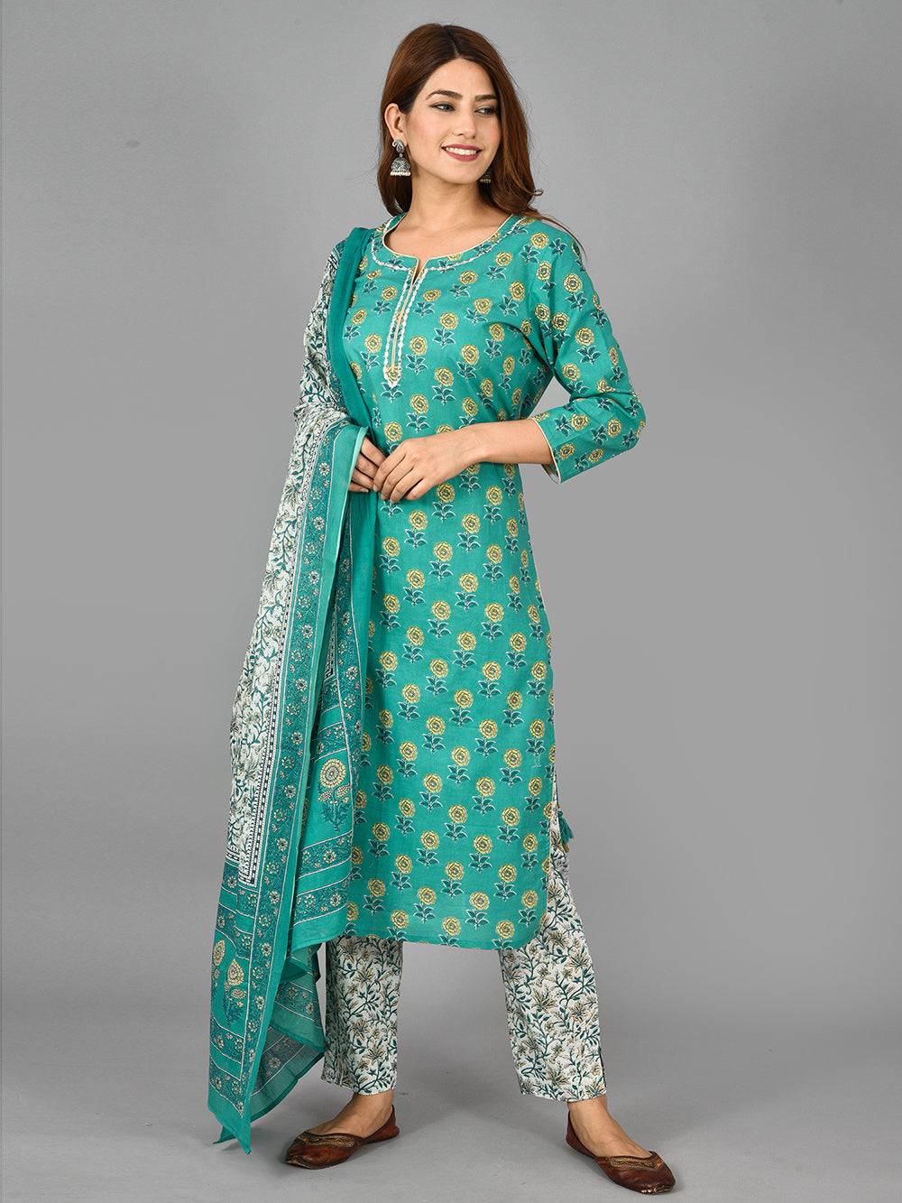 Green Floral Printed Cotton Suit Set