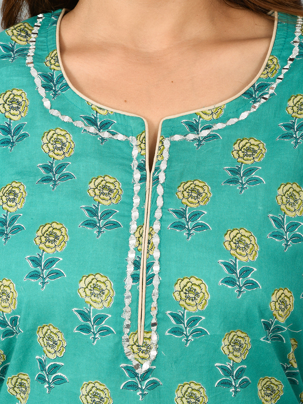 Green Floral Printed Cotton Suit Set