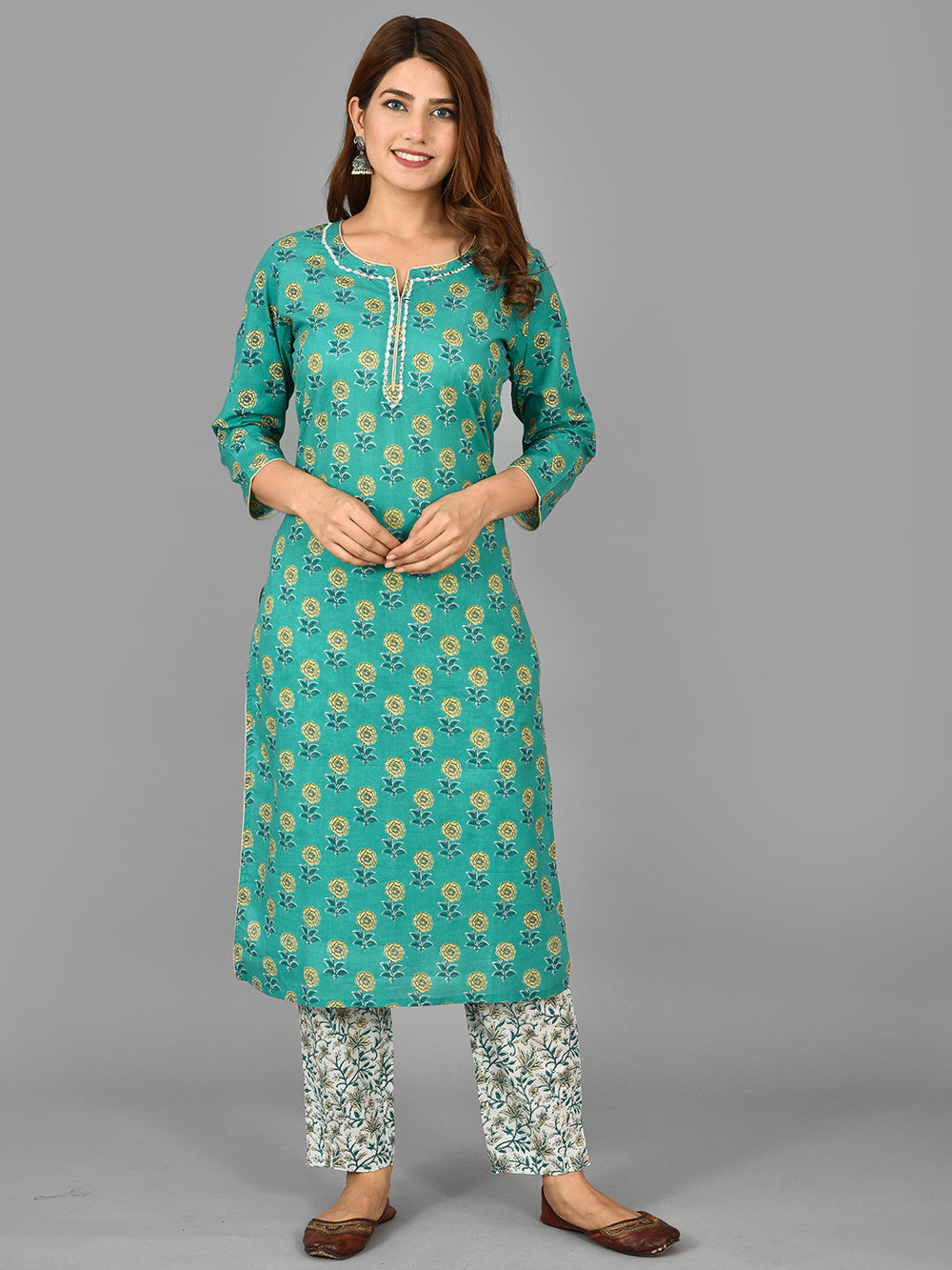 Green Floral Printed Cotton Suit Set