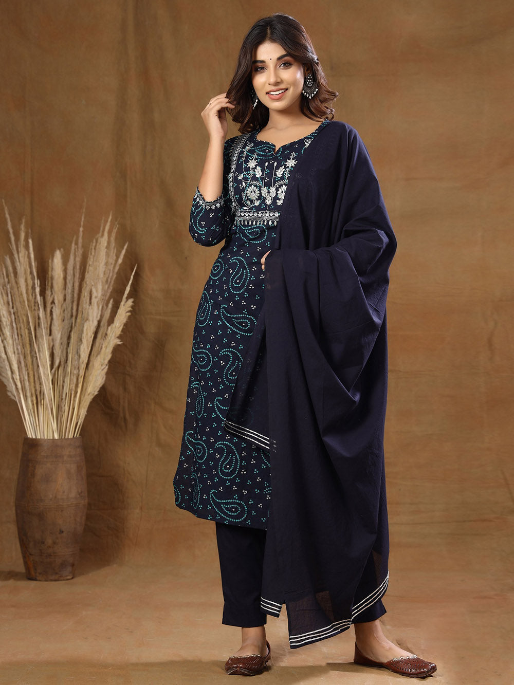 Blue Bandhej Embroidered Cotton Suit Set