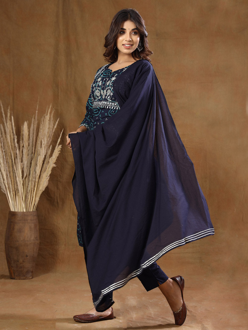 Blue Bandhej Embroidered Cotton Suit Set