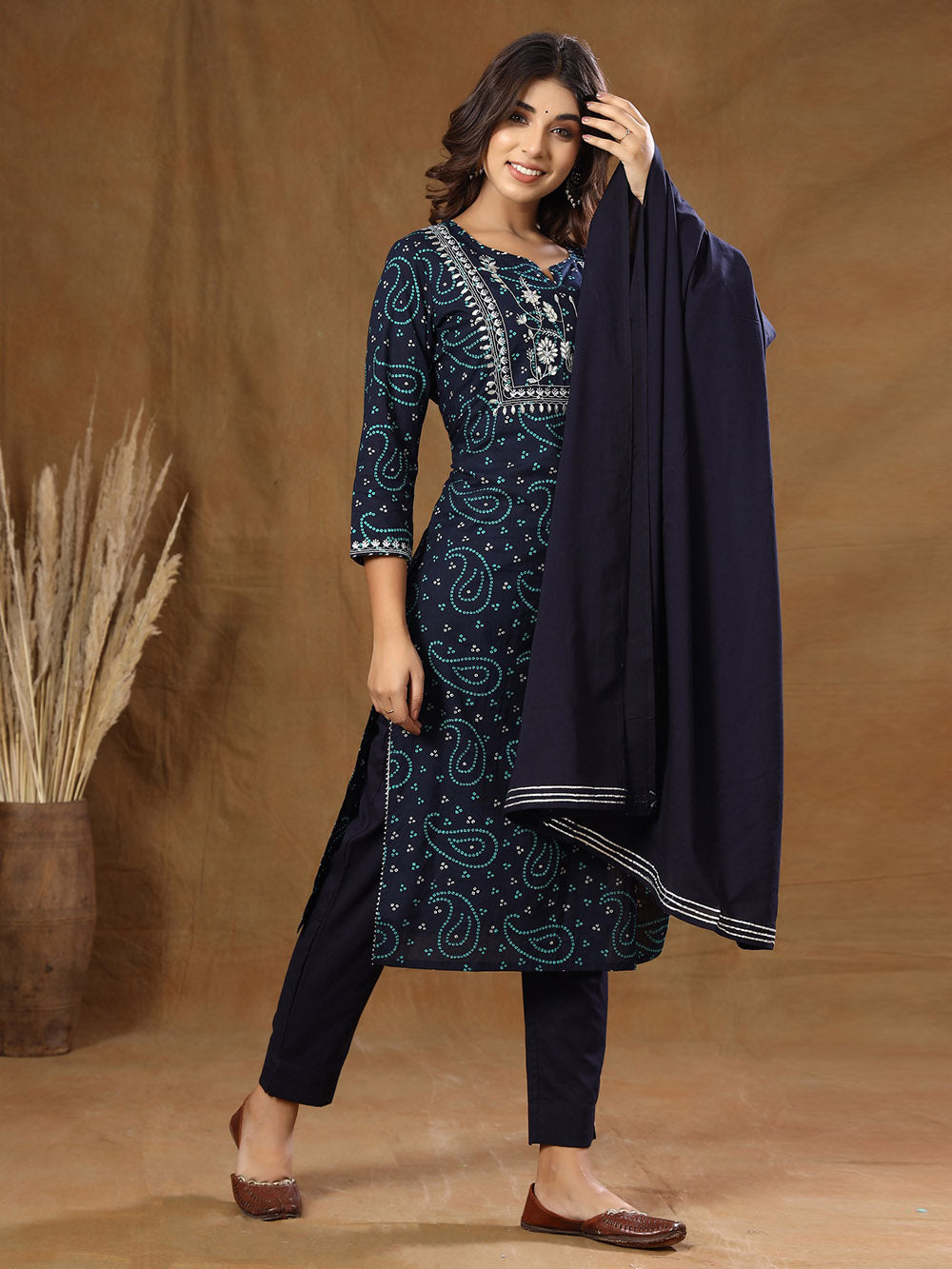 Blue Bandhej Embroidered Cotton Suit Set