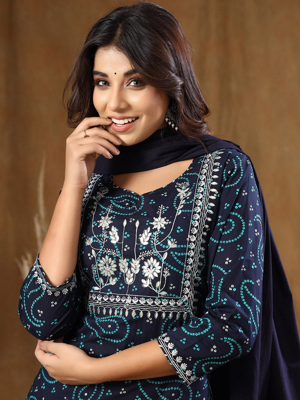 Blue Bandhej Embroidered Cotton Suit Set