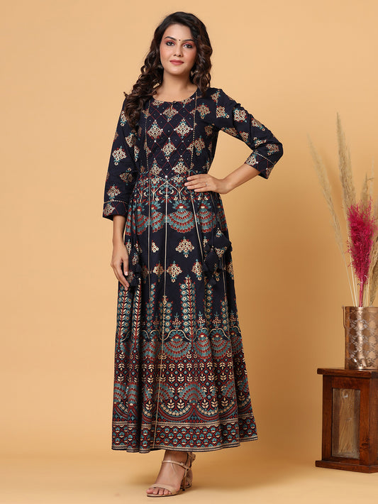 Blue Gold Printed Embellishment Cotton Anarkali Kurta