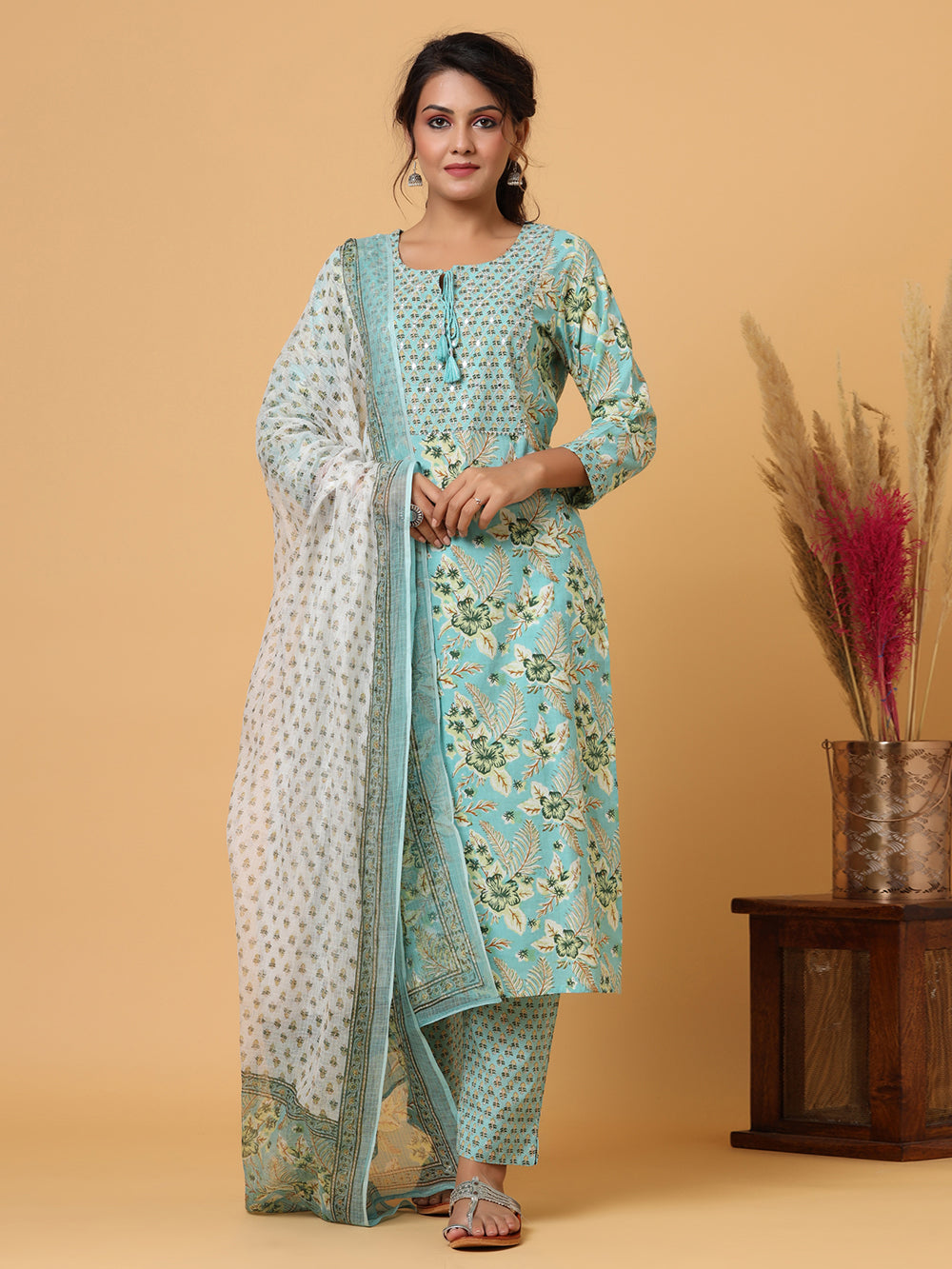 Green Mirror Embroidered Cotton Suit Set