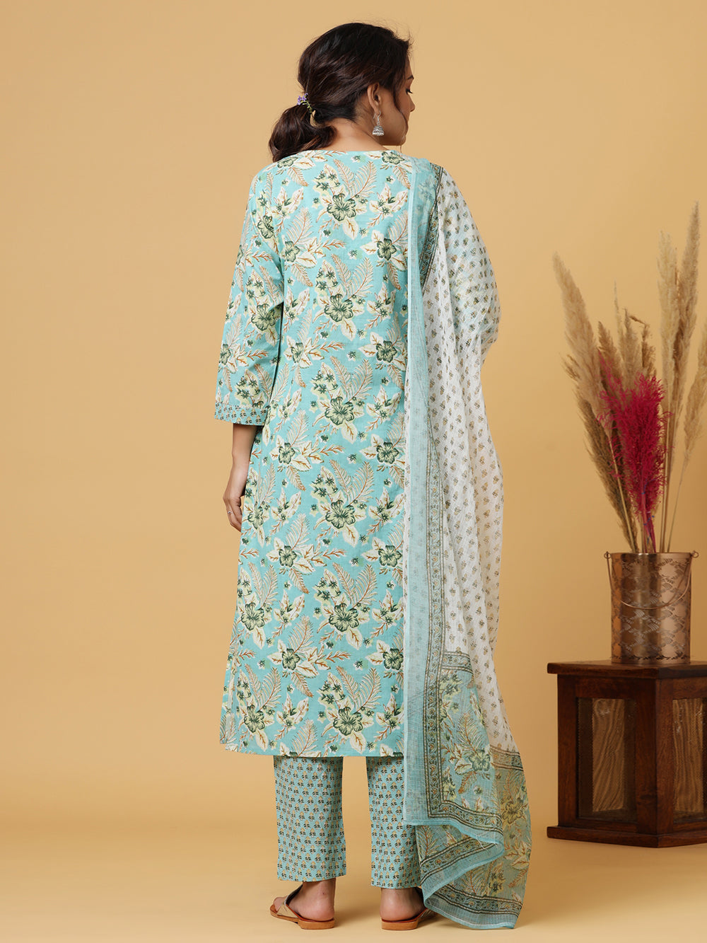 Green Mirror Embroidered Cotton Suit Set