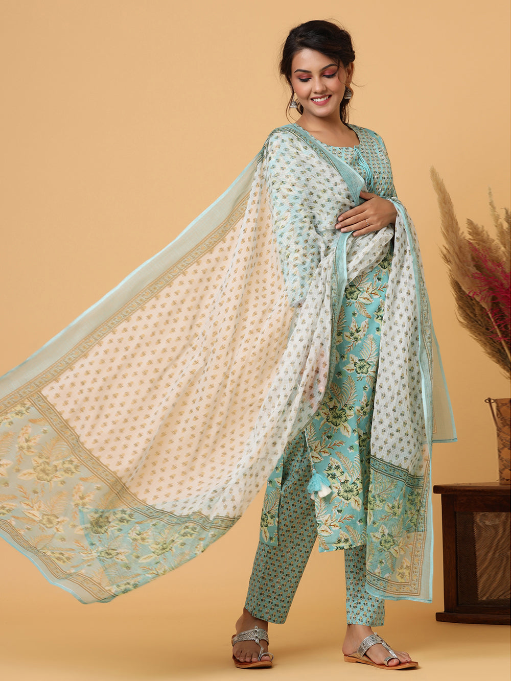 Green Mirror Embroidered Cotton Suit Set