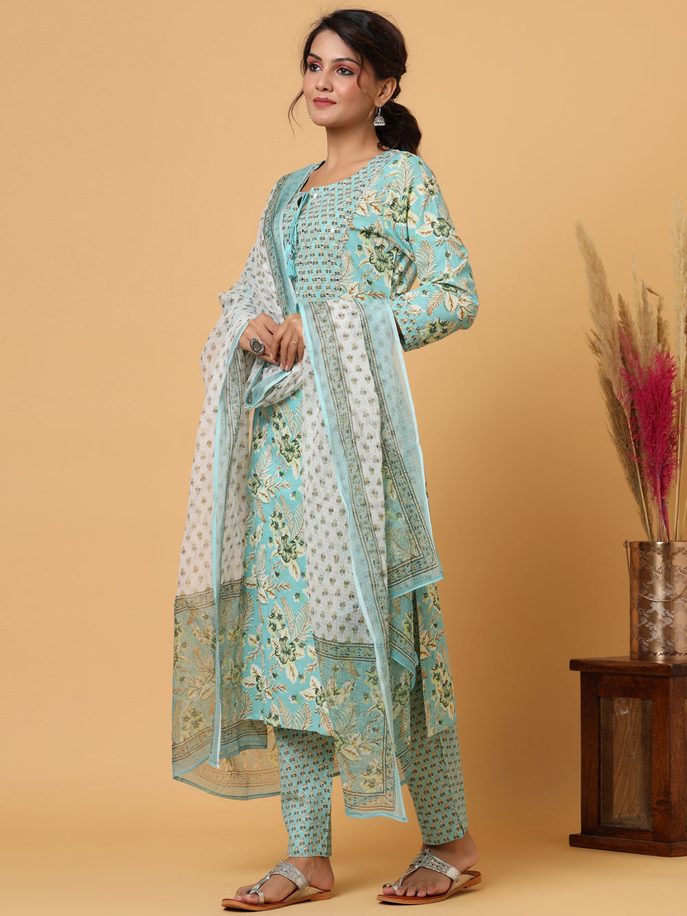 Green Mirror Embroidered Cotton Suit Set