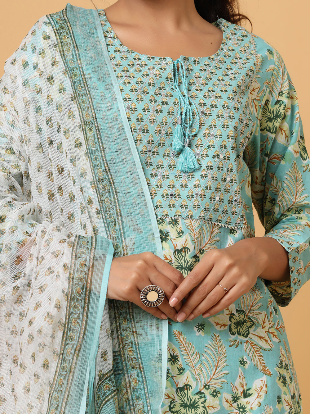 Green Mirror Embroidered Cotton Suit Set