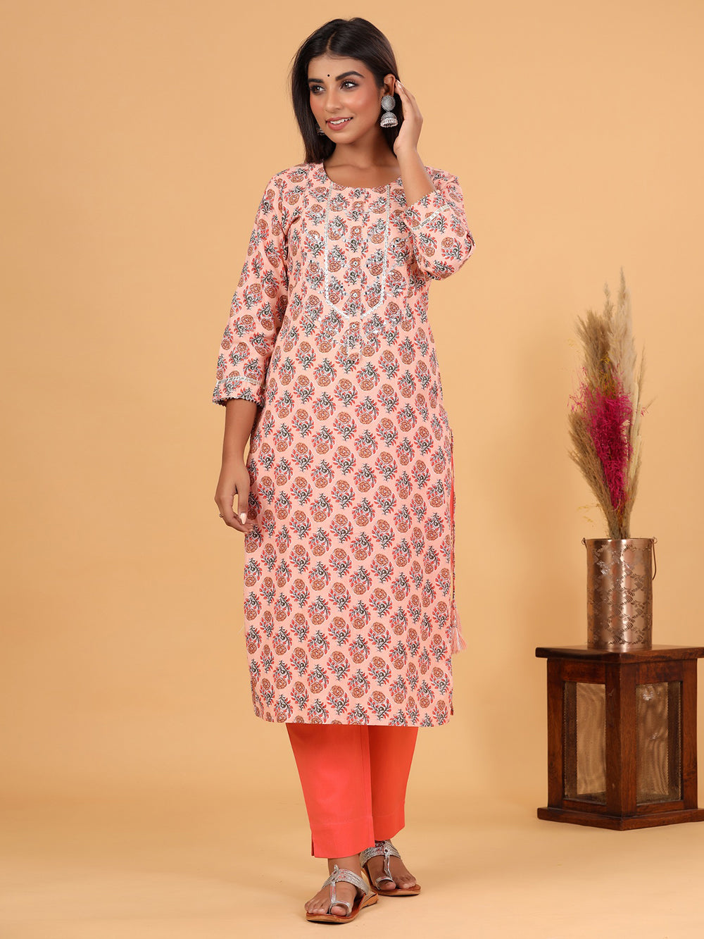 Peach Floral Printed Cotton Kurta Pant Set