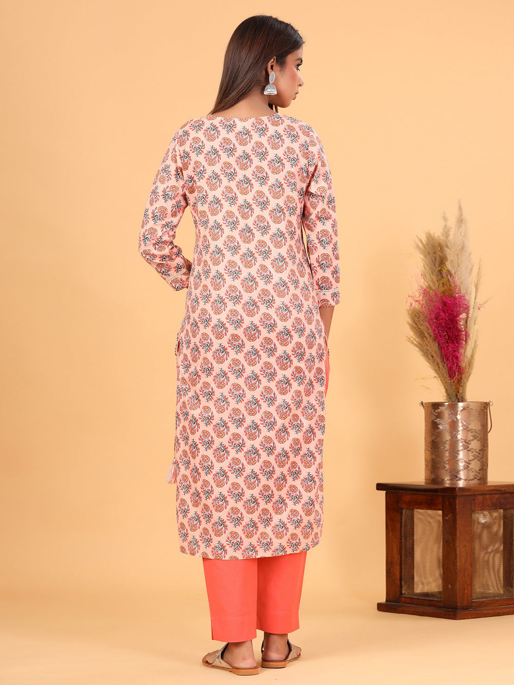 Peach Floral Printed Cotton Kurta Pant Set