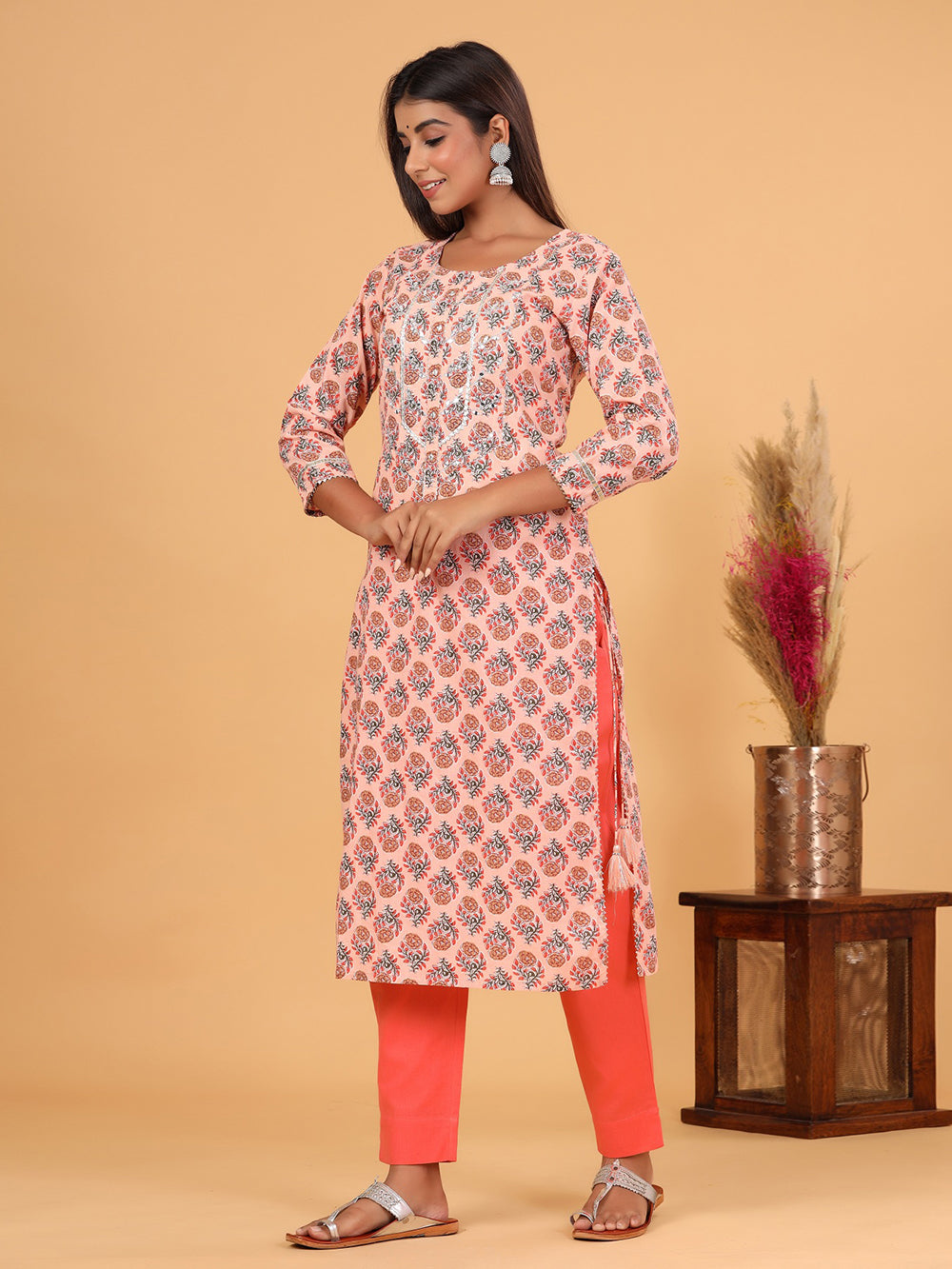 Peach Floral Printed Cotton Kurta Pant Set