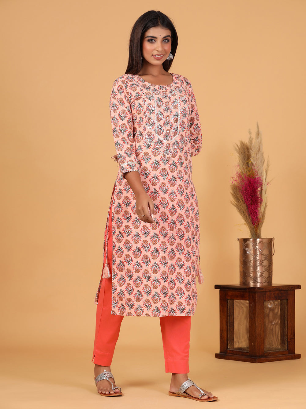 Peach Floral Printed Cotton Kurta Pant Set