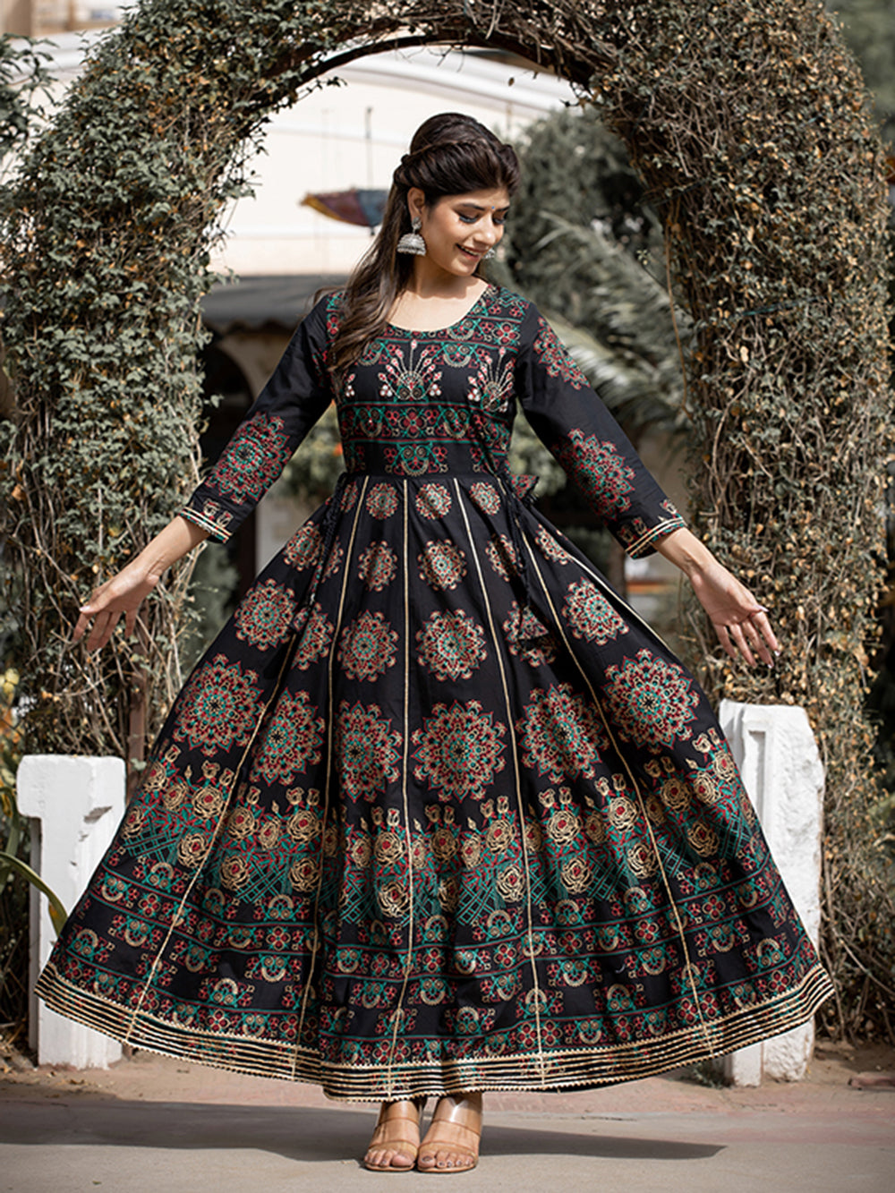 Black Gold Printed Cotton Ethnic Gown