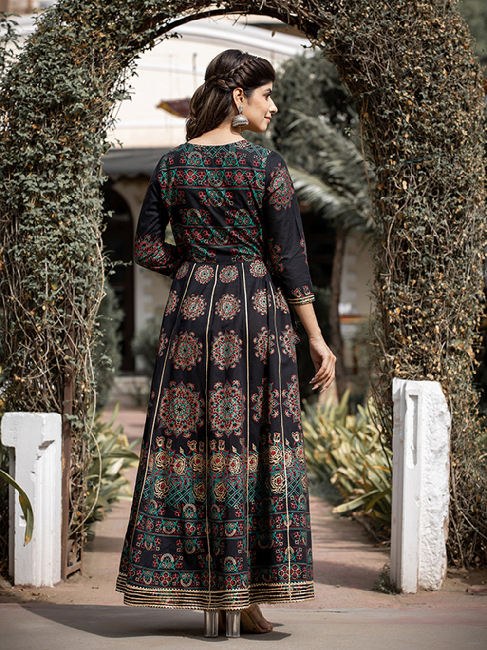 Black Gold Printed Cotton Ethnic Gown