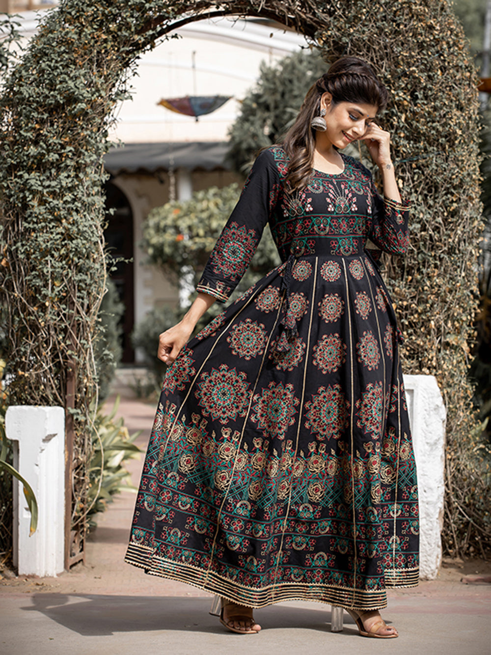 Black Gold Printed Cotton Ethnic Gown