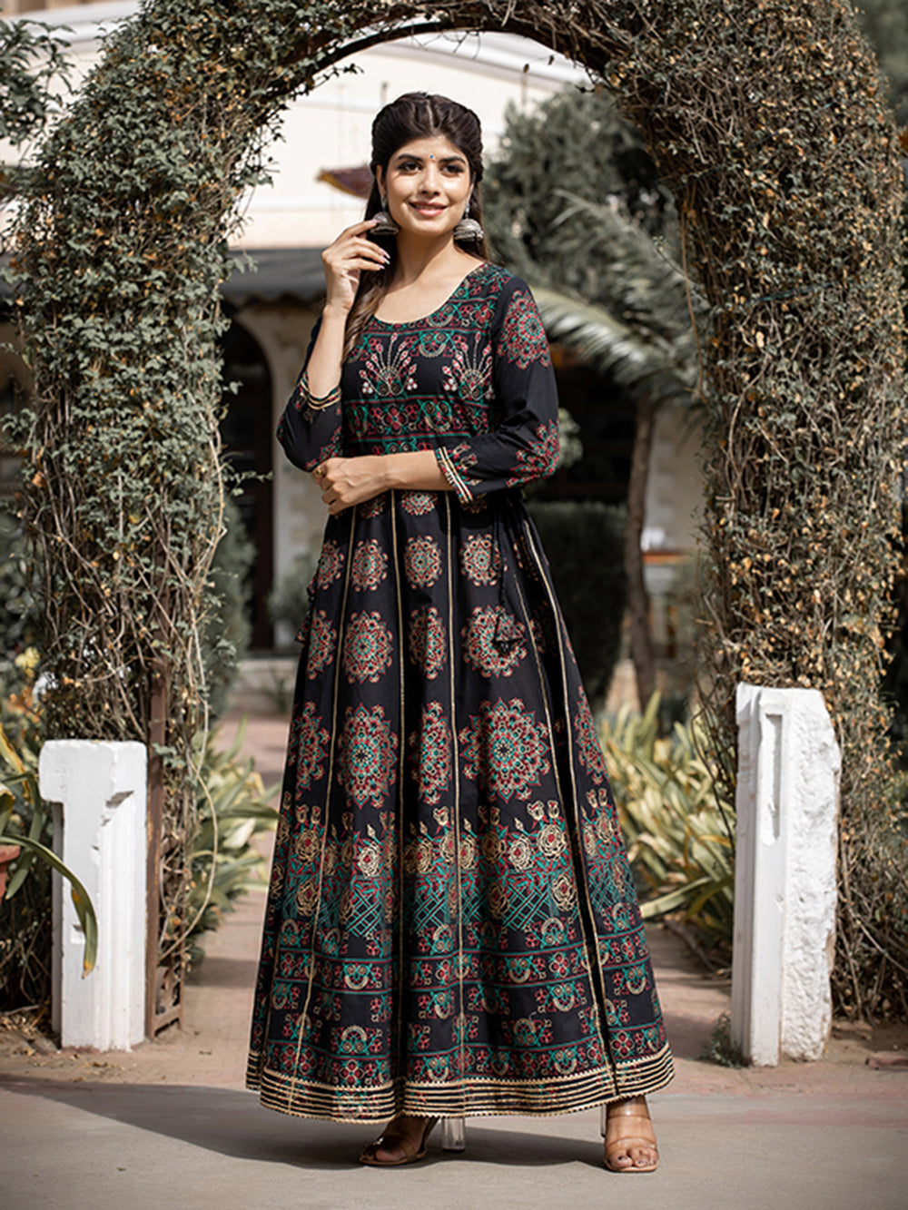 Black Gold Printed Cotton Ethnic Gown