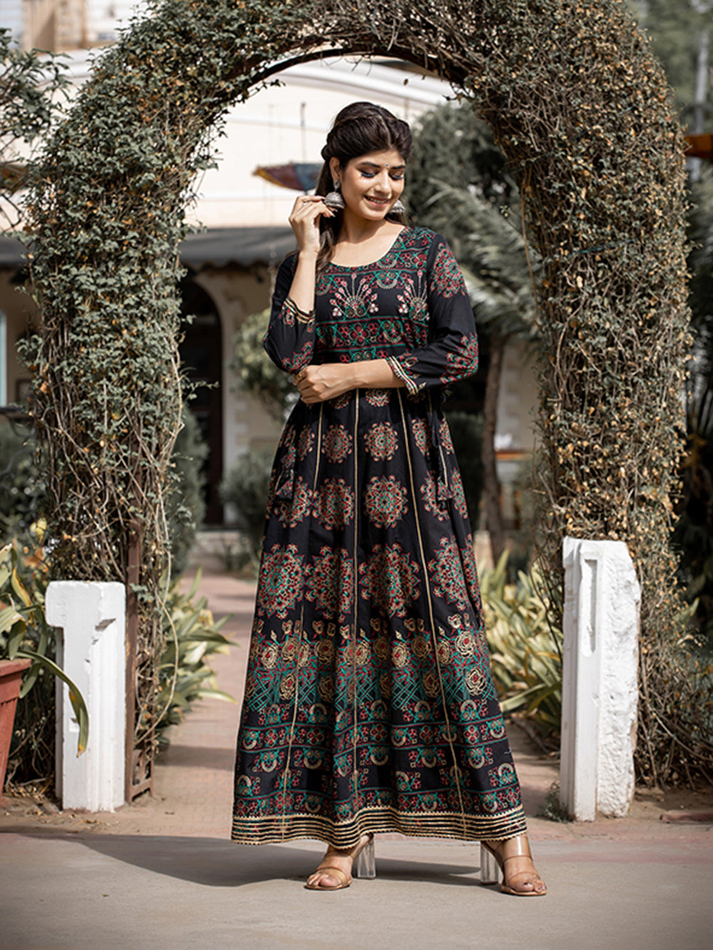 Black Gold Printed Cotton Ethnic Gown