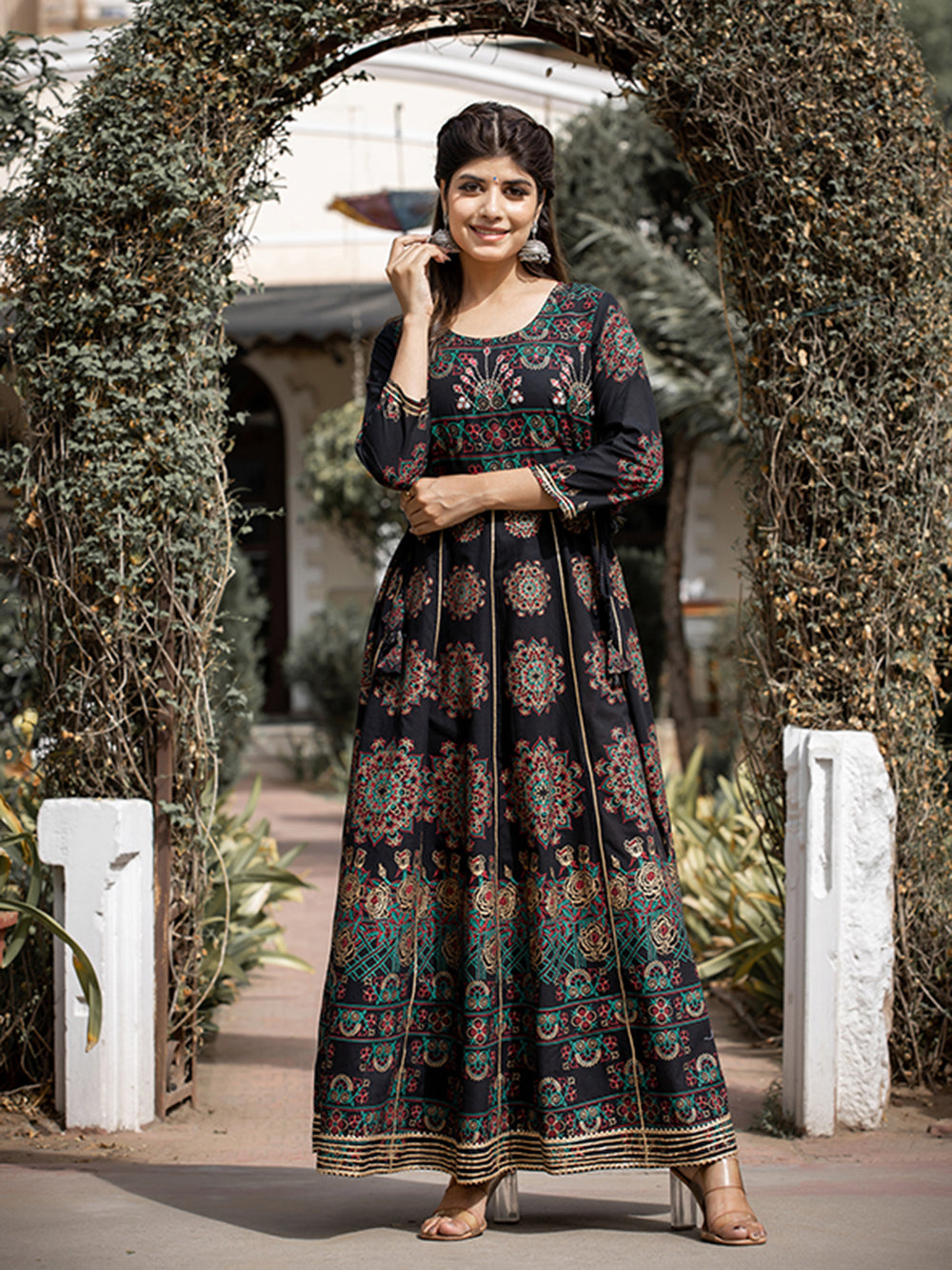 Black Gold Printed Cotton Ethnic Gown