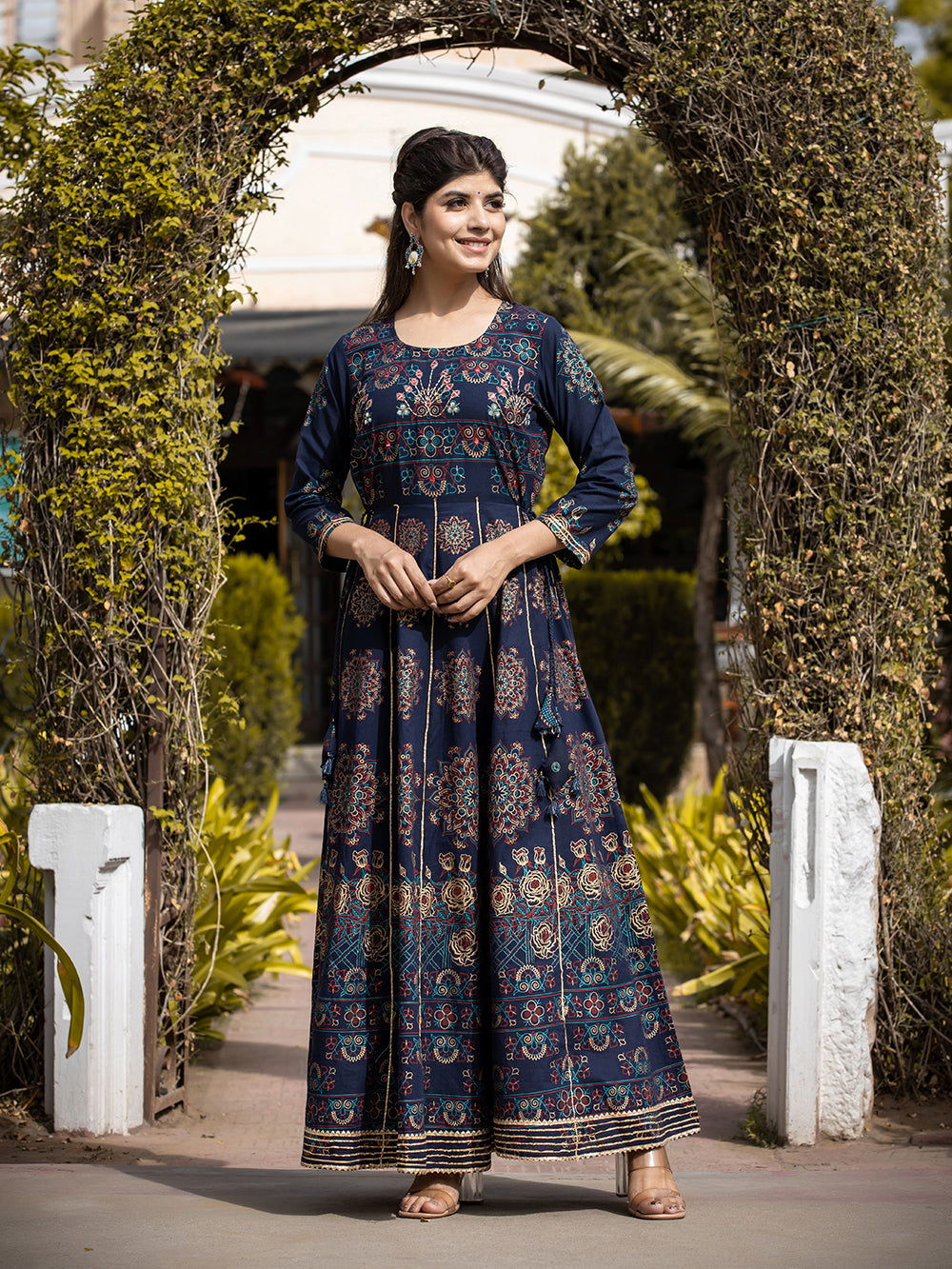 Blue Gold Printed Cotton Ethnic Gown