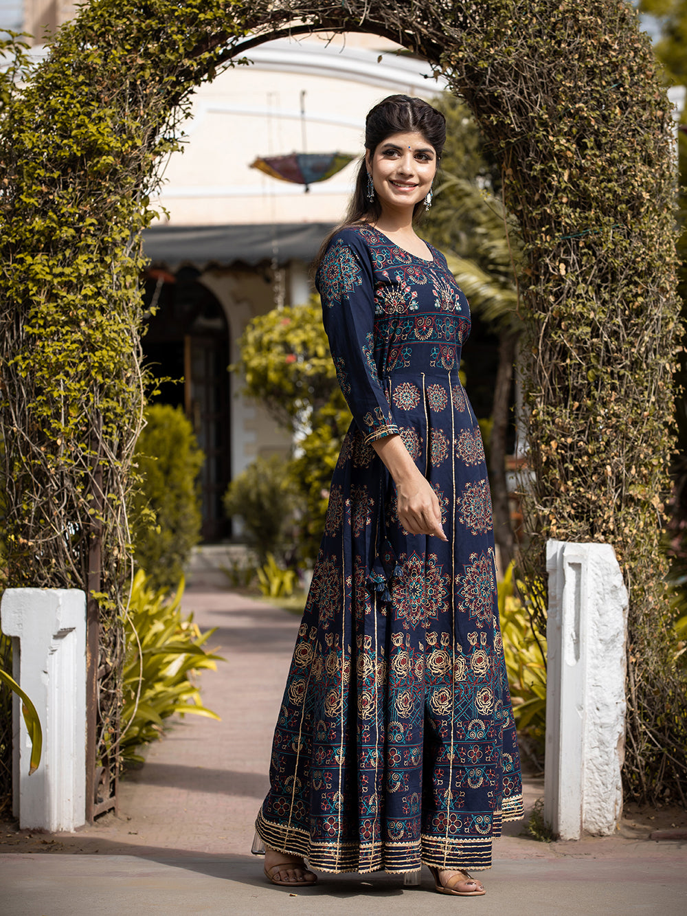 Blue Gold Printed Cotton Ethnic Gown