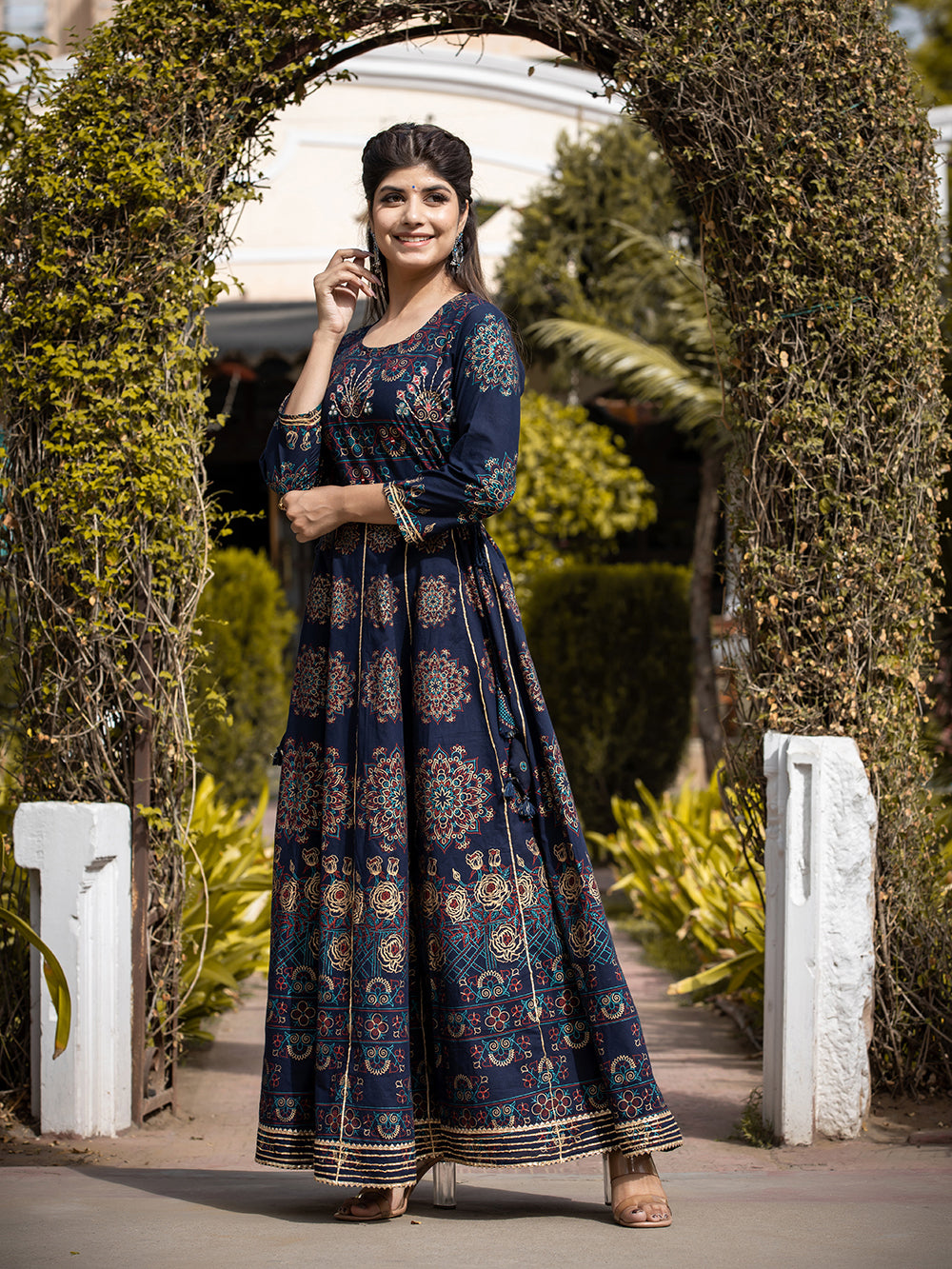 Blue Gold Printed Cotton Ethnic Gown