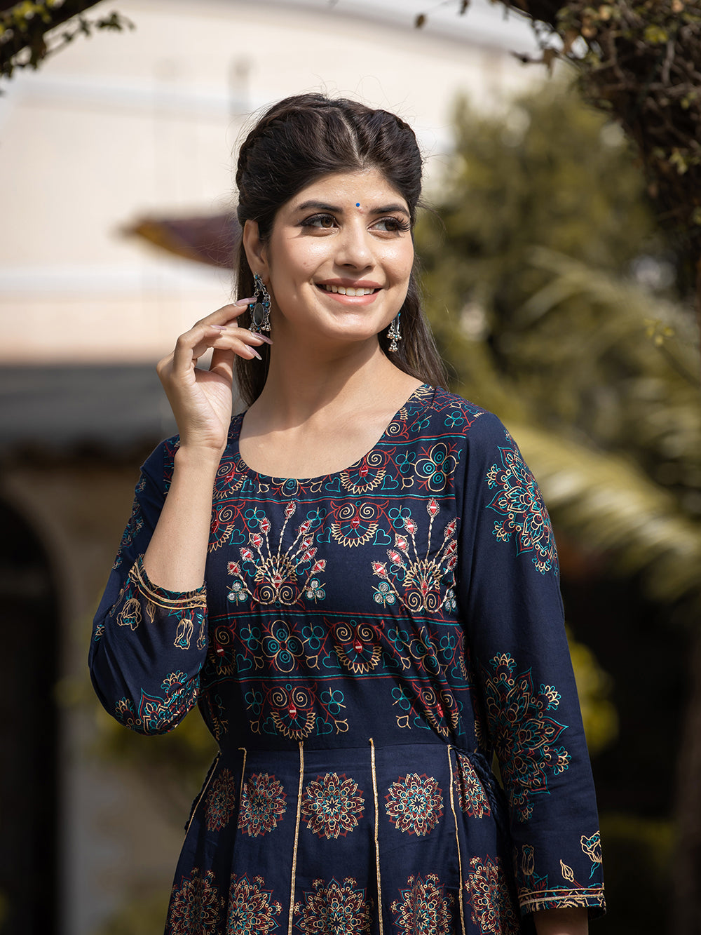 Blue Gold Printed Cotton Ethnic Gown