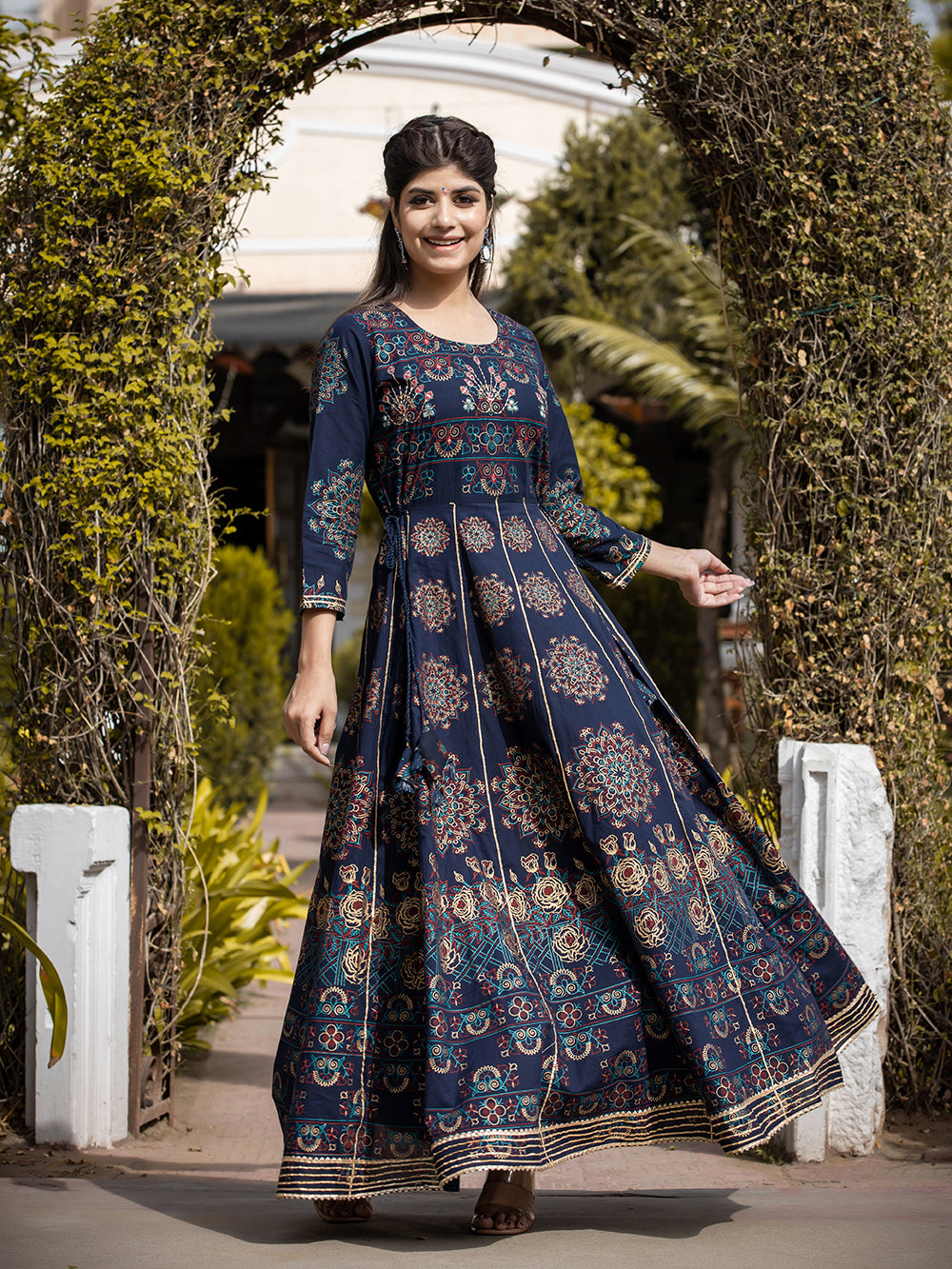 Blue Gold Printed Cotton Ethnic Gown