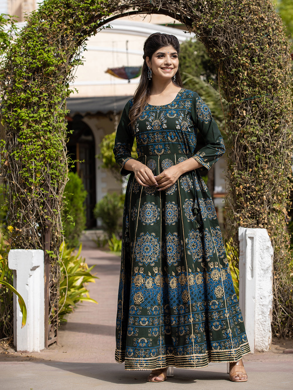 Green Gold Printed Cotton Ethnic Gown