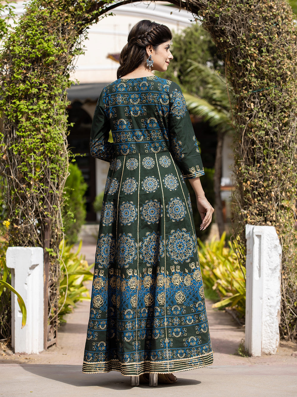 Green Gold Printed Cotton Ethnic Gown