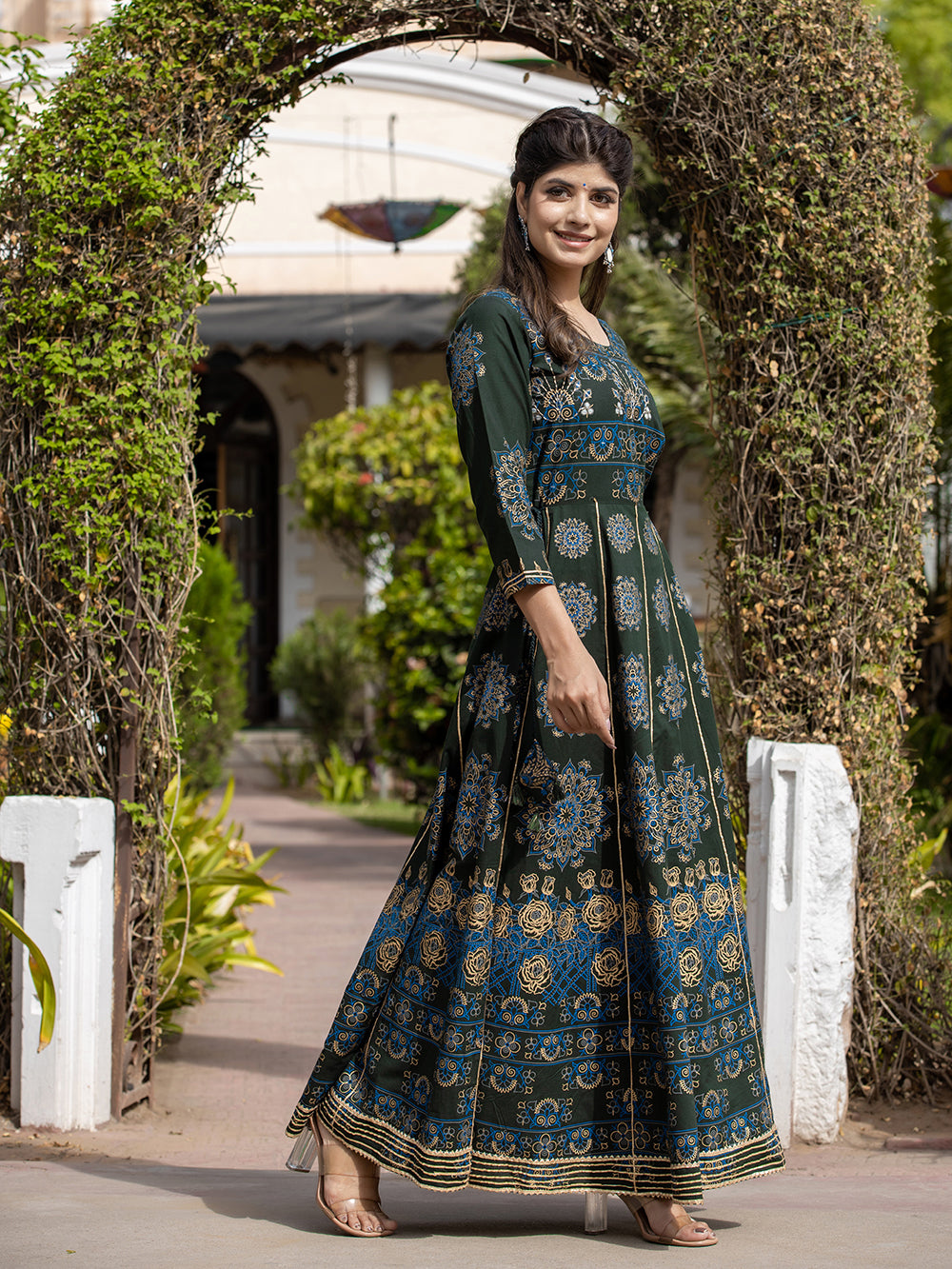 Green Gold Printed Cotton Ethnic Gown