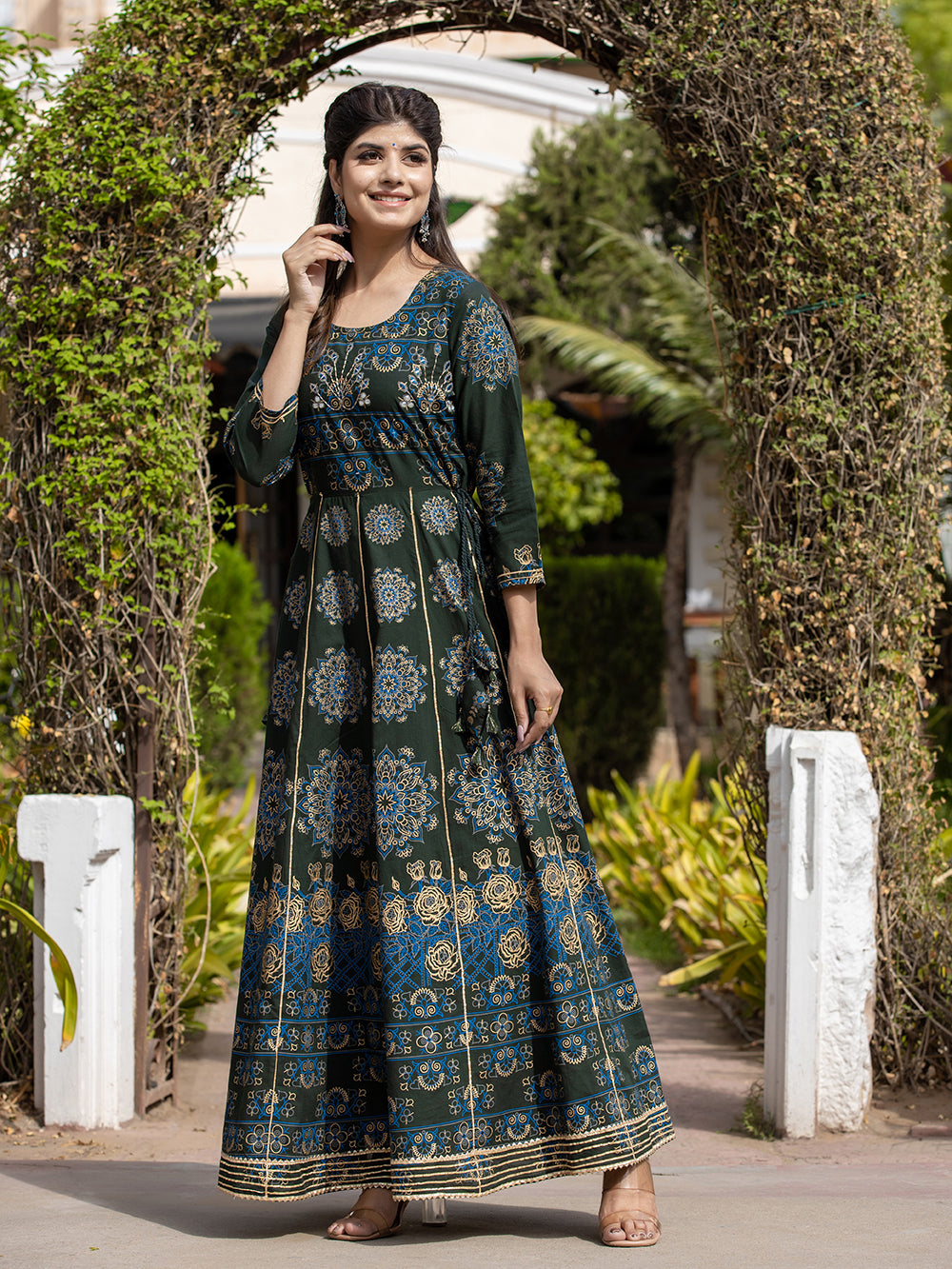 Green Gold Printed Cotton Ethnic Gown