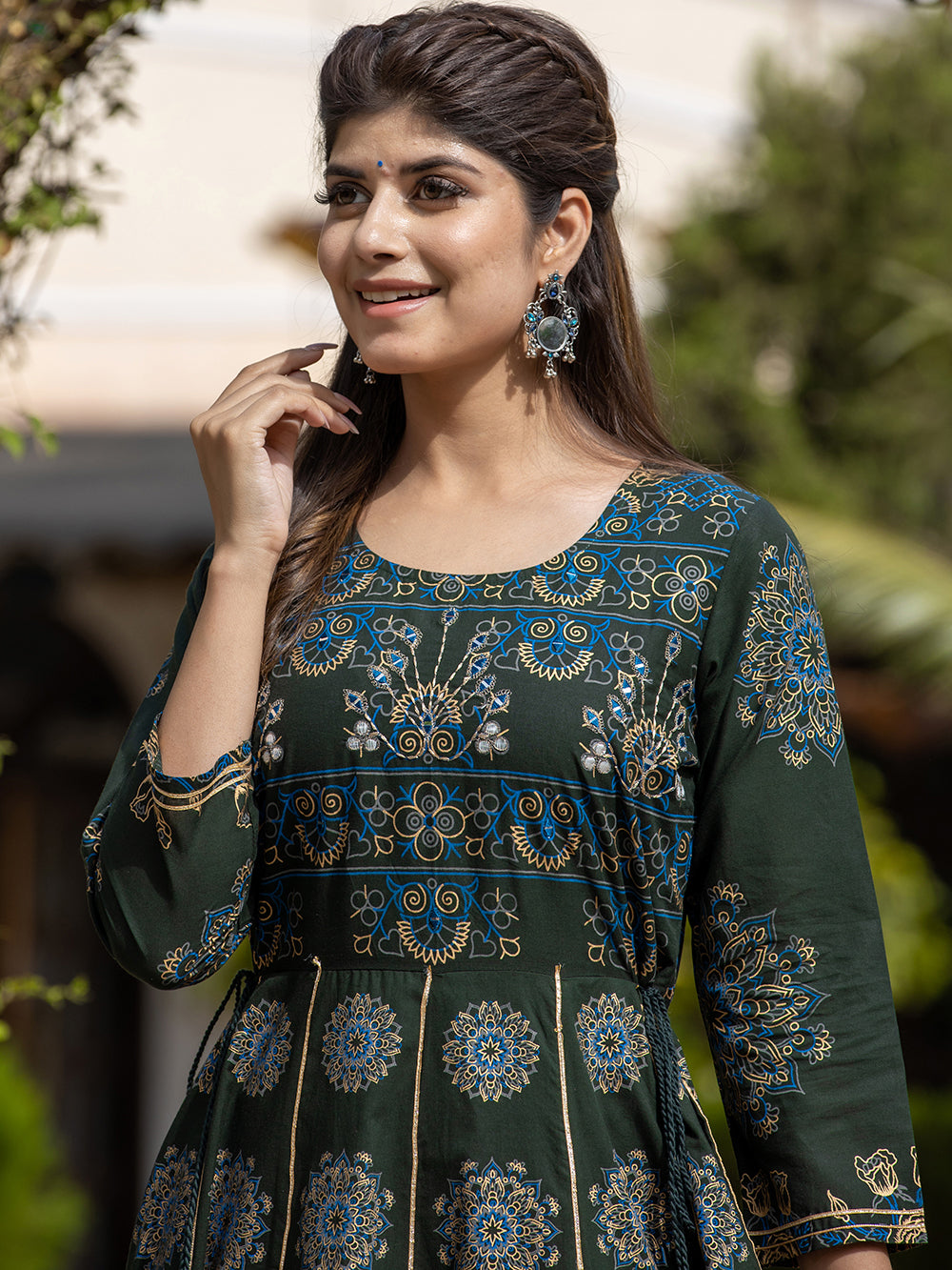 Green Gold Printed Cotton Ethnic Gown