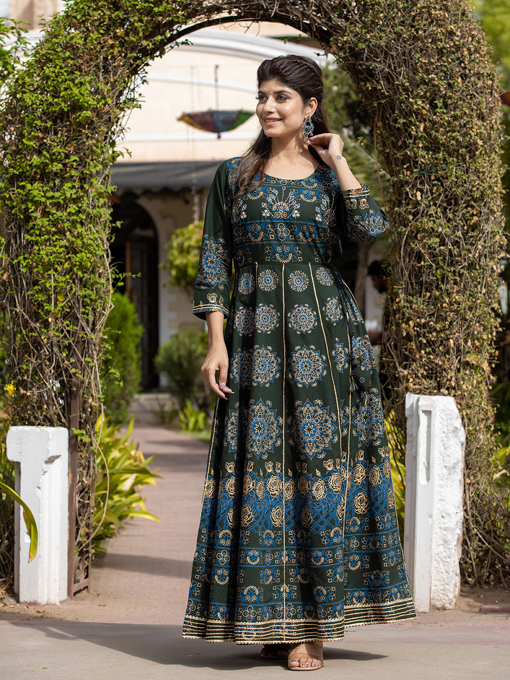 Green Gold Printed Cotton Ethnic Gown