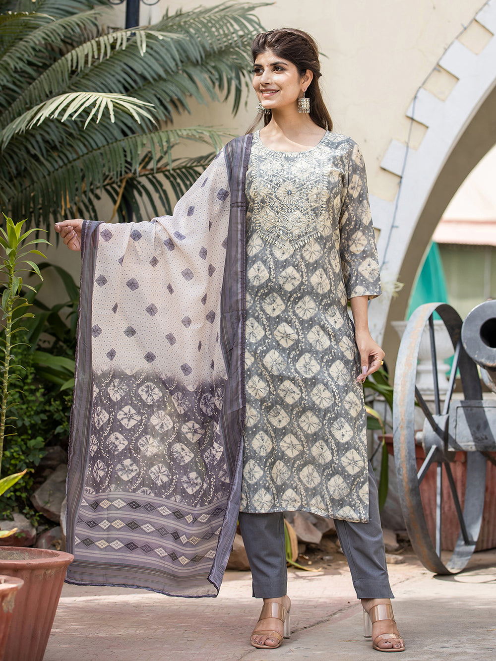 Grey Modal Silk Embroidered Modal Suit Set