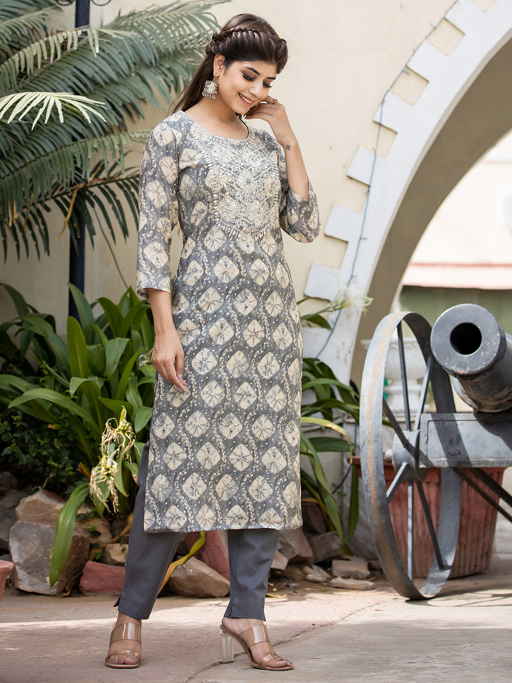 Grey Modal Silk Embroidered Modal Suit Set