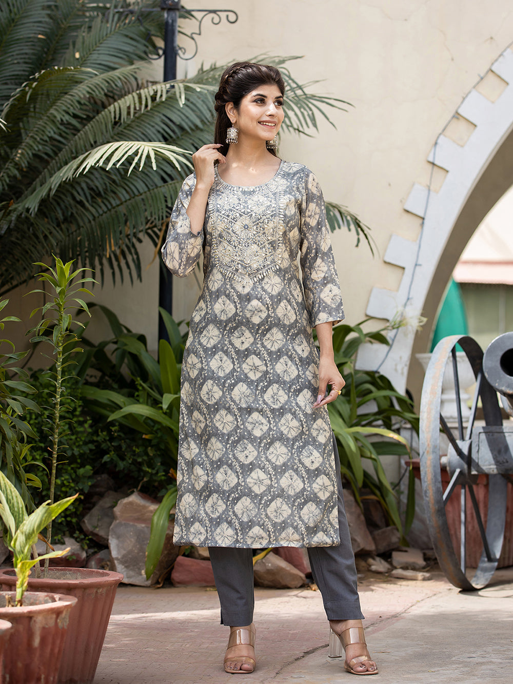 Grey Modal Silk Embroidered Modal Suit Set