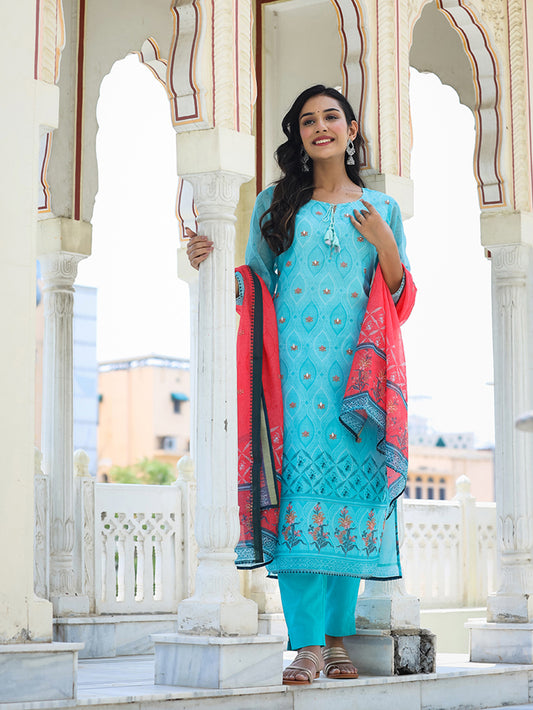 Sky Blue Printed Chanderi Kurta Pant Set With Dupatta